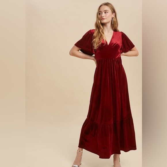 Burgundy Red Babydoll Bodice Velvet Maxi Dress - Picture 2 of 9